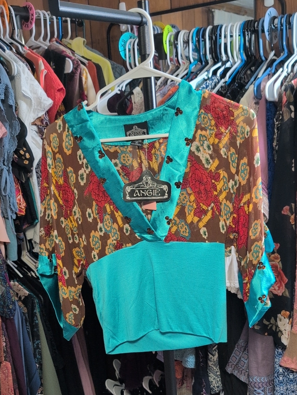 Angie Teal and Brown Floral Patchwork V-Neck Top NWT